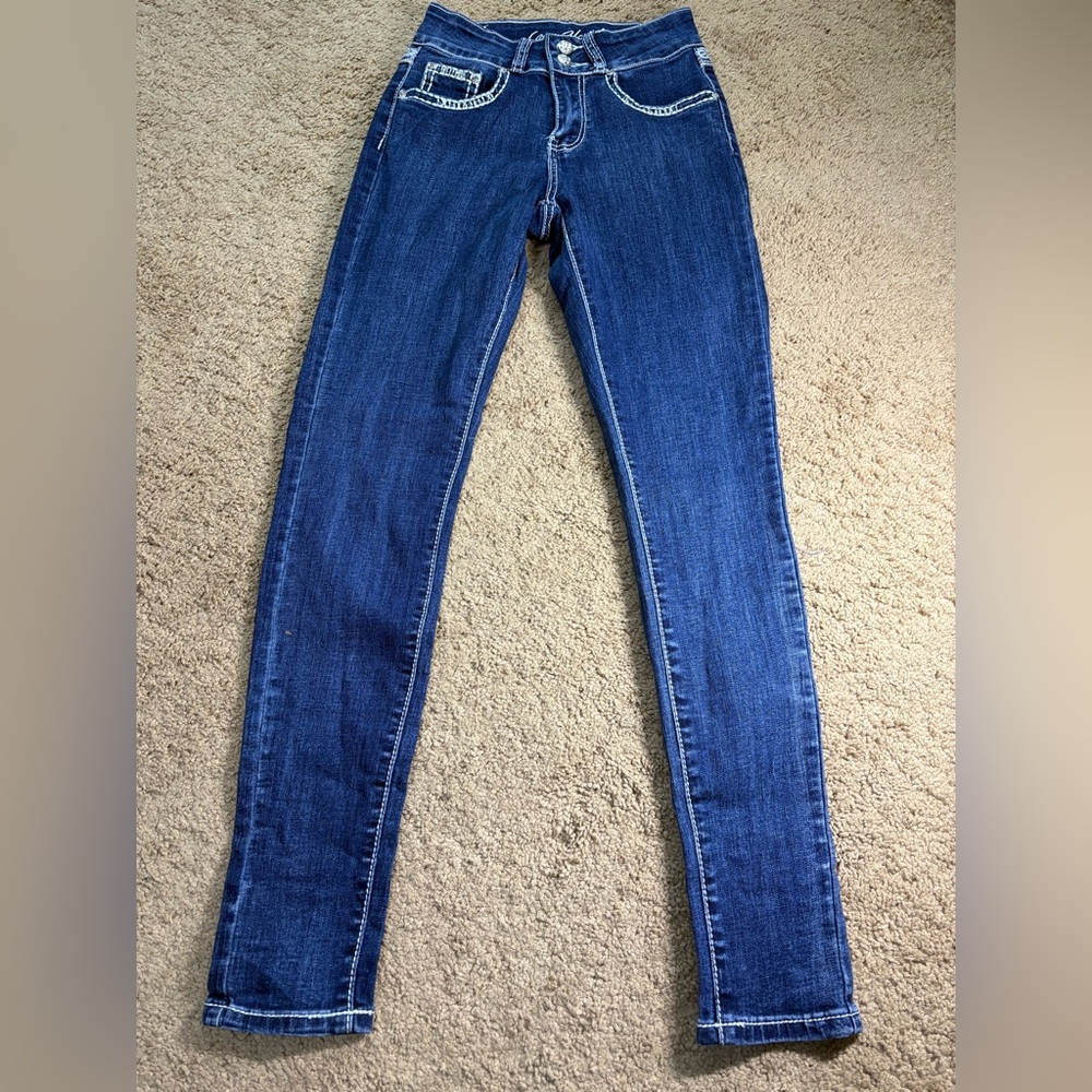 Love You Jeans Women Size 1/2 Skinny Blue Denim Embroidered Rhinestone Cowgirl